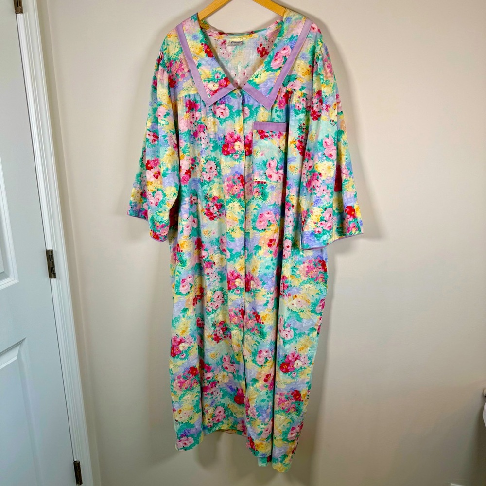 Carole VTG Floral Print Collared House Dress Sleepwear Lounge Wear‎ Pajamas 1X
